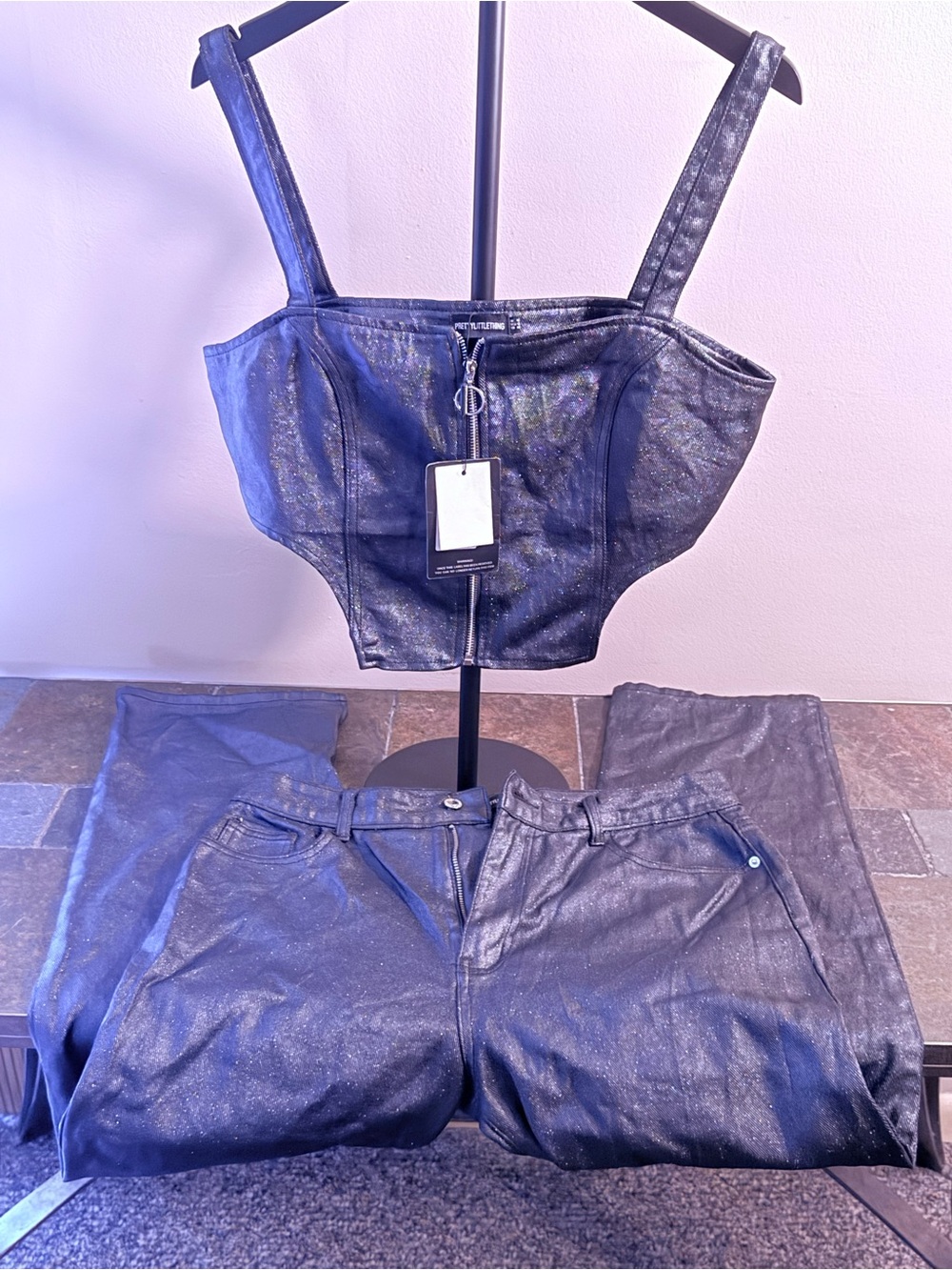 PrettyLittleThing Black Shimmery Co-ord Corset Top & Pants